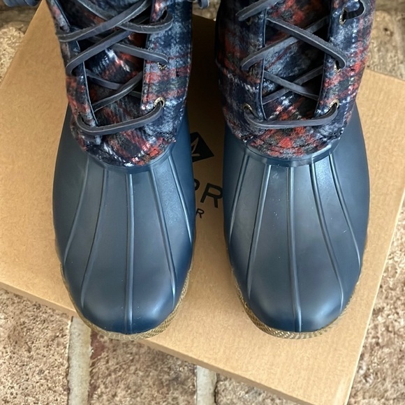 Brand New Sperry Saltwater Wool Plaid Duck Boot Waterproof Blue Winter Rain - Picture 11 of 15